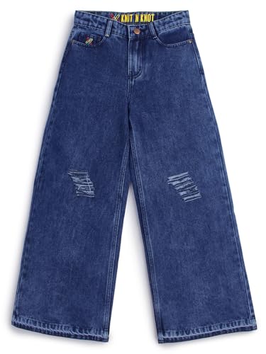 Knit N Knot Girls' Kids Premium Indigo Blue Wide Leg high Rise Flared fit, Relaxed Loose Ruptured Cloud Bottom Effect Jeans | Regular Casual Festival Occassional Wear | Non Stretch | Adjustable Waist