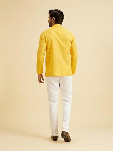 Manyavar Men's Cotton Jacquard| Thread Work Short Kurta (Mustard,M)