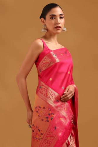 Soch Womens Fuchsia Tussar Zari Woven Bird Motifs Saree