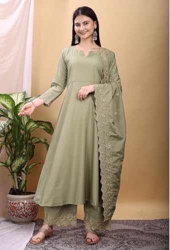 Granthva Fab Kurta Set for Women Silk Embroidered Anarkali Kurta with Palazzos and Dupatta (kurta set for women_BKG-1109-S_Light Green)