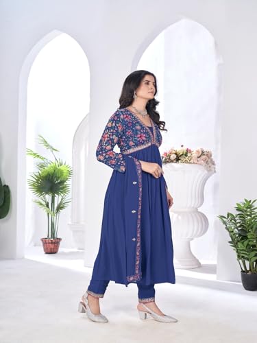 VARNI FABRICS Anarkali Kurta Sets for Woman Floral Print Georgette Kurta Set with Dupatta Salwar Suit for Woman Party Festive Set for Women Prefect for Wedding Ethnic Wear Rakhi Diwali | Blue| M