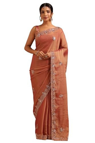 Soch Womens Rust Tissue Floral Saree With Sequins