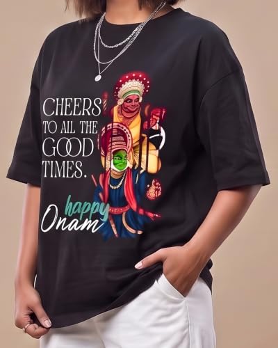 BRATMAZ Women's Happy Onam Graphic Printed Oversized Black T-Shirt