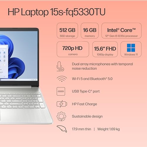 HP 15s, 12th Gen Intel Core i5-1235U,16GB DDR4, 512GB SSD (Win11, Office21, Silver, 1.69kg) Anti-Glare,15.6-inch(39.6cm), FHD Laptop, Intel Iris Xe Graphics, Backlit KB, HD Camera, fq5330TU