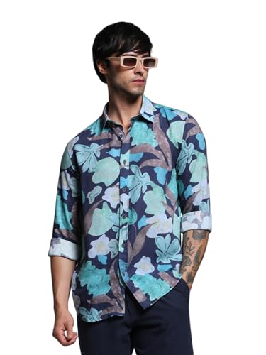 Jack & Jones Men Floral Print Slim Fit Blue Shirt
