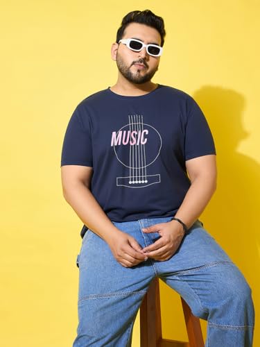 Bigbanana Men Plus Size Printed Navy Round Neck Tshirt (Rhythm,Navy,2XL)