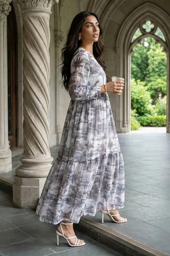 W for Woman Grey Floral Printed Silver Chiffon Flared Dress - (W14083-127343-3XL)