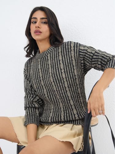 The Souled Store Cable-Knit Sweater: Hazel Noir Women and Girls Full Sleeves Round Neck Black and Beige Textured Acrylic Lightweight Oversized Pullover Sweater