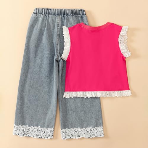 Hoscotch Girls Embellished Pink Sleeveless Jeans Set For Ages (6-7 Years)