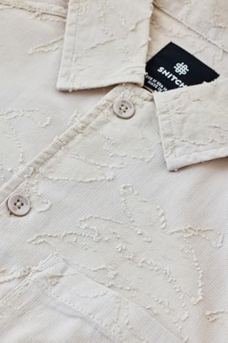 SNITCH Men's Box Fit Overshirt | Textured Floral Pattern with Full Sleeve & Point Collar | 100% Cotton, Breathable & Lightweight Casual Wear | Beige