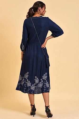 W for Woman Women's Rayon Blue Mock Layer Western Dress with Slim Bag Calf Length 23FEW18883-810412