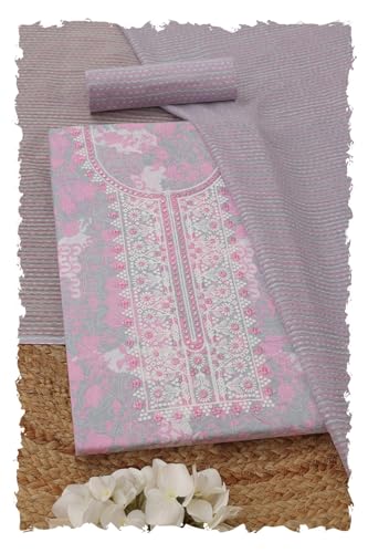 Soch Womens Pink Cotton Floral Dress Material With Machine Embroidery and Thread Work