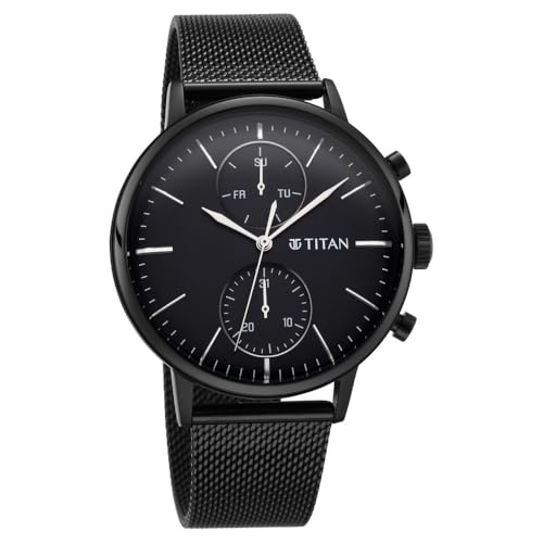 Titan Light Leathers Quartz Multifunction Black Dial Black Stainless Steel Strap Watch for Men - NR90135NM01