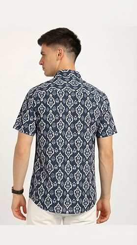 BLOCKS OF INDIA Cotton Hand Block Print Half Sleeves Summer Shirt for Men (Large, Grey JAAL)