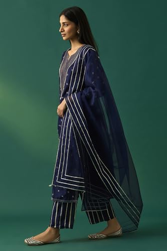 Wishful Women's Navy Blue Embroidered Straight Kurta with Straight Pant and Dupatta Set - (SP12862-401180-L)