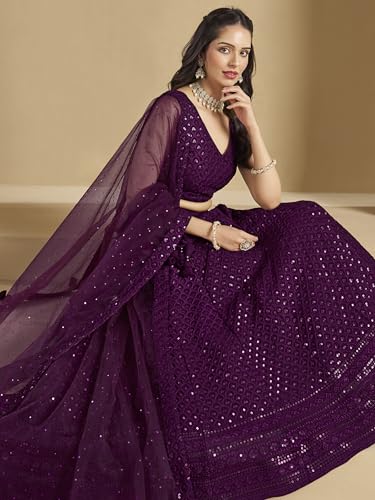 Zeel Clothing Women's Sequins Thread Embroidered Georgette Lehenga Choli With Dupatta (5124-Women-Lehenga-Choli-New; Free size) (Yellow) (Wine)