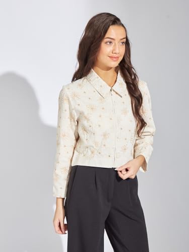 Latin Quarters Women Beige Embroidery Collar Neck Full Sleeves Casual Jacket_XL