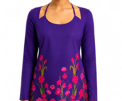 Threadflix Women Floral Printed Long Sleeve Tunic Top | Stylish Cut-Out Neck Casual Kurti | Corset Back & Laila Kurti | Soft Stretch Western Top for Women & Girls