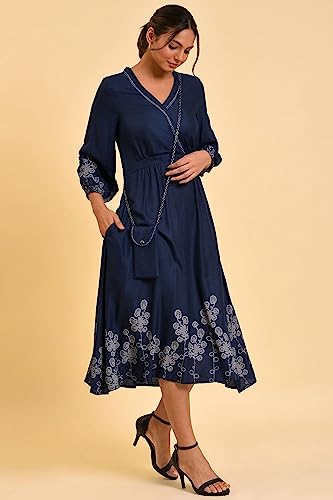 W for Woman Women's Rayon Blue Mock Layer Western Dress with Slim Bag Calf Length 23FEW18883-810412