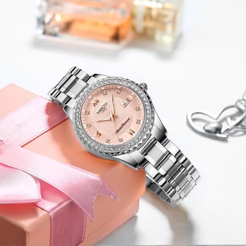 NIBOSI Women Watches Analogue Wrist Watches Watches for Women's & Girls&Miss&Ladies Rose Gold Dial Watch with Stylish Diamond （Rose Gold Silver）