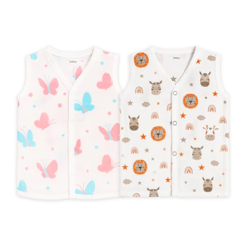 Kidbea Cotton Muslin Jhabla for Newborn Boys & Girls Sleeveless V-Neck Vest with Button Closure | Cute Multi Printed Baby Jabla, Pack of 2 (0-3 Months)