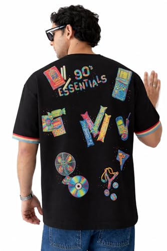 The Souled Store Flashback Fits: 90's Essentials Men and Boys Short Sleeves Round Neck Black Graphic Printed Casual Lightweight Drop Shoulder Streetwear Trendy Oversized T-Shirts