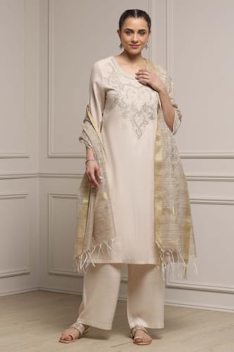 Biba Women Beige Polyester Blend Straight Dyed Suit Set_42