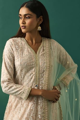 Wishful Women's Beige Floral Embroidered Anarkali Net Kurta with Churidar and Dupatta Set - (SP11502-401093-L)