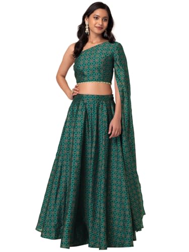 Indya Women's Chanderi Lehenga Sets (ICO00577_Green_L)