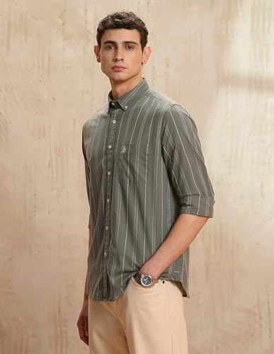 U.S. Polo Assn. Denim Co. Men's Striped Slim Fit Button Down Shirt (UDSHT2005_Green