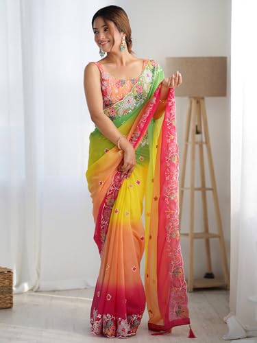 AKHILAM Women's Yellow Georgette Embroidered Saree With Unstitched Blouse (KESARI10703_KR)