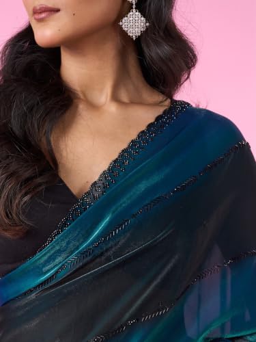 MOHEY Women's Organza Printed & Stone Work Saree with Blouse Piece (Teal Blue)