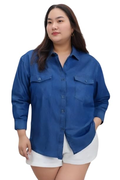 Women's Blue Button-Down Shirt, Long Sleeve, Chest Pockets, Plus Size Shirt for Women & Girls (in, Alpha, XL)