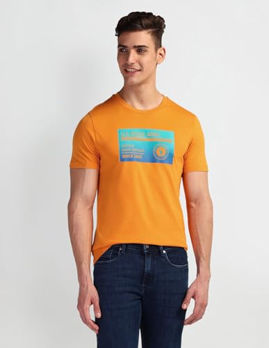 U.S. POLO ASSN. Mens Solid Half Sleeve Graphic Round Neck T-Shirts (UDTSHS0879_Orange_M)
