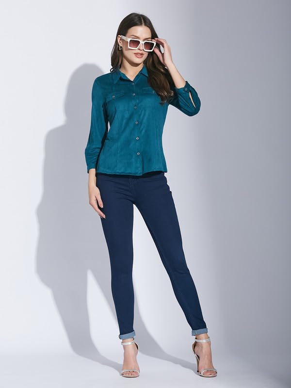 Latin Quarters Women Teal Shirt Collar 3/4 Sleeve Solid Shirt_L