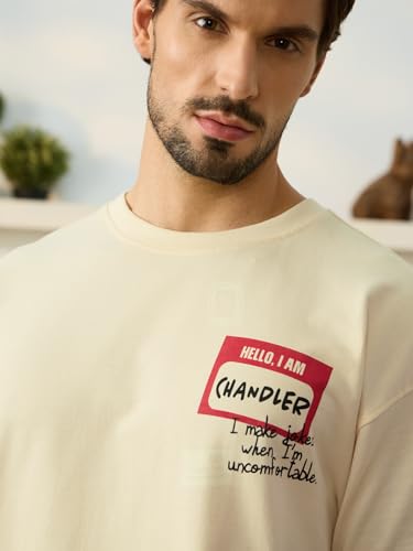 The Souled Store Friends: Chandler Bing Men and Boys Short Sleeves Round Neck Beige Graphic Printed Cotton Oversized T-Shirts