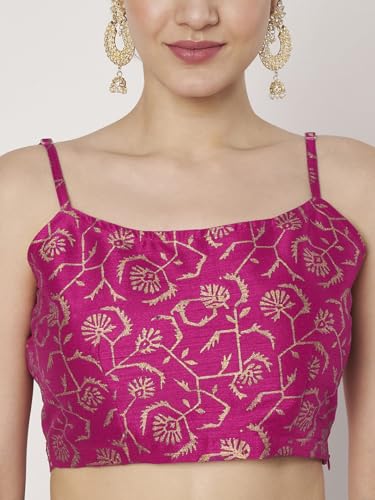 studio rasa Women's Dupion Hand Block Printed Spaghetti Readymade Blouse for Festive Wedding Party (TPWC725BL81_Pink_Small)