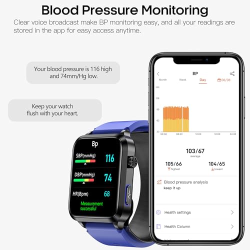 Yowow BIT Blood Pressure Smart Watch Air Bag Air Cuff, 24/7 Heart Rate Blood Oxygen Body Temperature Sleep Respiration Rate Health Monitor Activity Tracker Familiy Data Sharing (Blue)