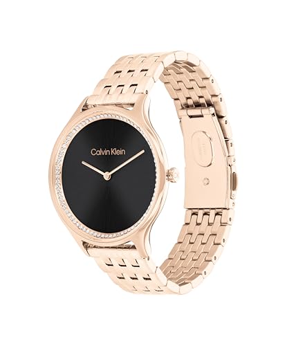 Calvin Klein Ck Timeless Qtz Basic Black Round Dial Women's Watch|Ionic Plated Carnation Gold Steel Material|Gold Color Band - 25100003