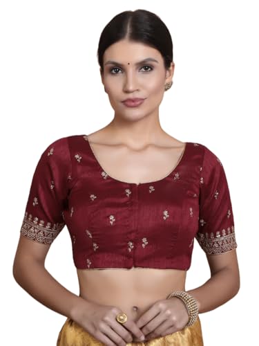S SALWAR STUDIO Maroon Silk Embroidered Round Neck Readymade Blouse