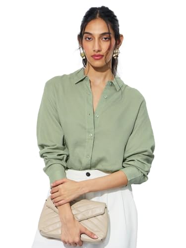 The Souled Store Lyocell Linen: Woodland Women and Girls Long Sleeve Collared Neck Solid Lyocell Linen Blend Regular Fit Button Front Shirt
