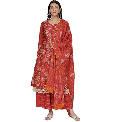 BIBA Women Printed Flared Cotton Blend Salwar Kurta Dupatta(Skd7492_Red_42)