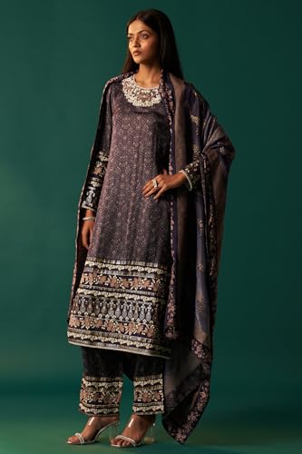 Wishful Women's navy Blue Floral Printed Embroidered Straight Modal Satin Kurta with Parallel Pants and Dupatta Set (SP12624-125649-XS)