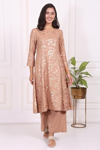 W for Woman Brown Floral Printed Sequins A-line Rayon Kurta with Flared Pants Set - (WS13702-401065-3XL)