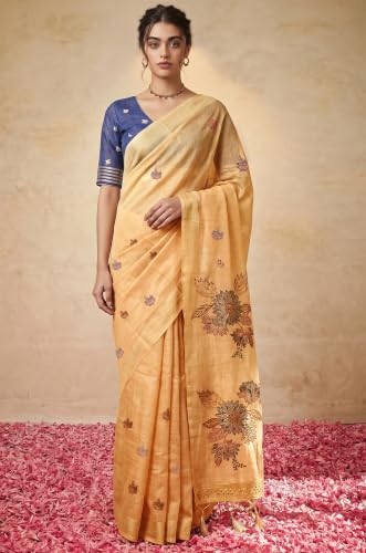 Label Aarna Women's Light Peach Cotton Saree with Unstitched Blouse Piece