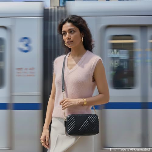 Fastrack StitchPlay Sling | Quilted Faux-Leather Women’s Handbag | Crossbody with 3 Compartments & Metal Strap | Sling for Everyday Carry