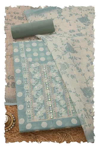Soch Womens Turquoise Blue Linen Blend Polka Dot Unstitch Dress Material With Mirror Work