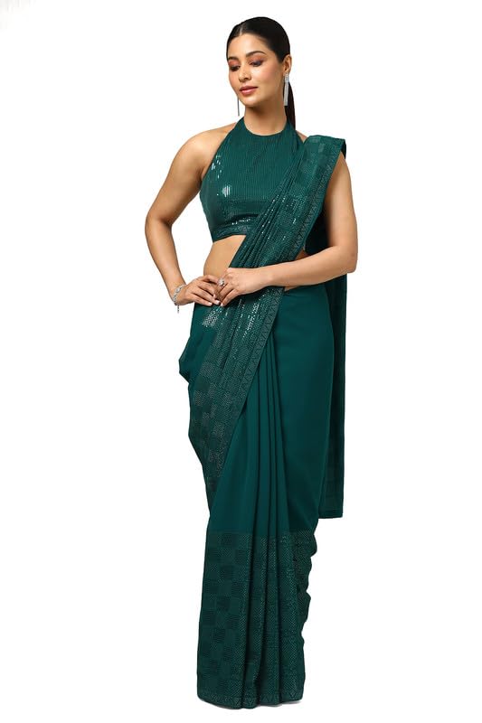 Soch Womens Teal Georgette Embellished Saree With Sequins