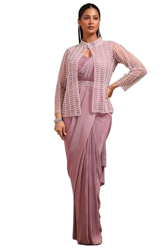 Soch Womens Purple Nylon Blend Solid Ready To Wear Saree With Beads