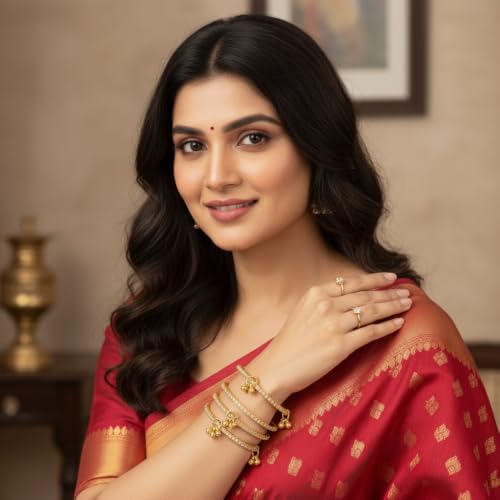 KAYASHA Golden Kashmiri Ghungroo Bangles Set of 4 for Women | American Diamond Stone Gold Tone Chudi | Traditional Ethnic Jewellery for Wedding, Bridal, Daily Wear & Festivals